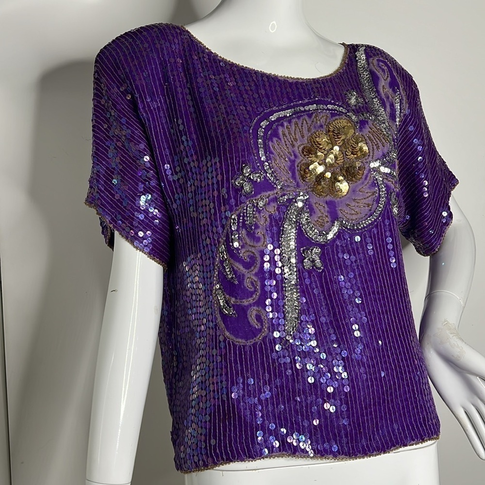 JLB Sz L Purple Silk Beaded Short Sleeve Blouse
